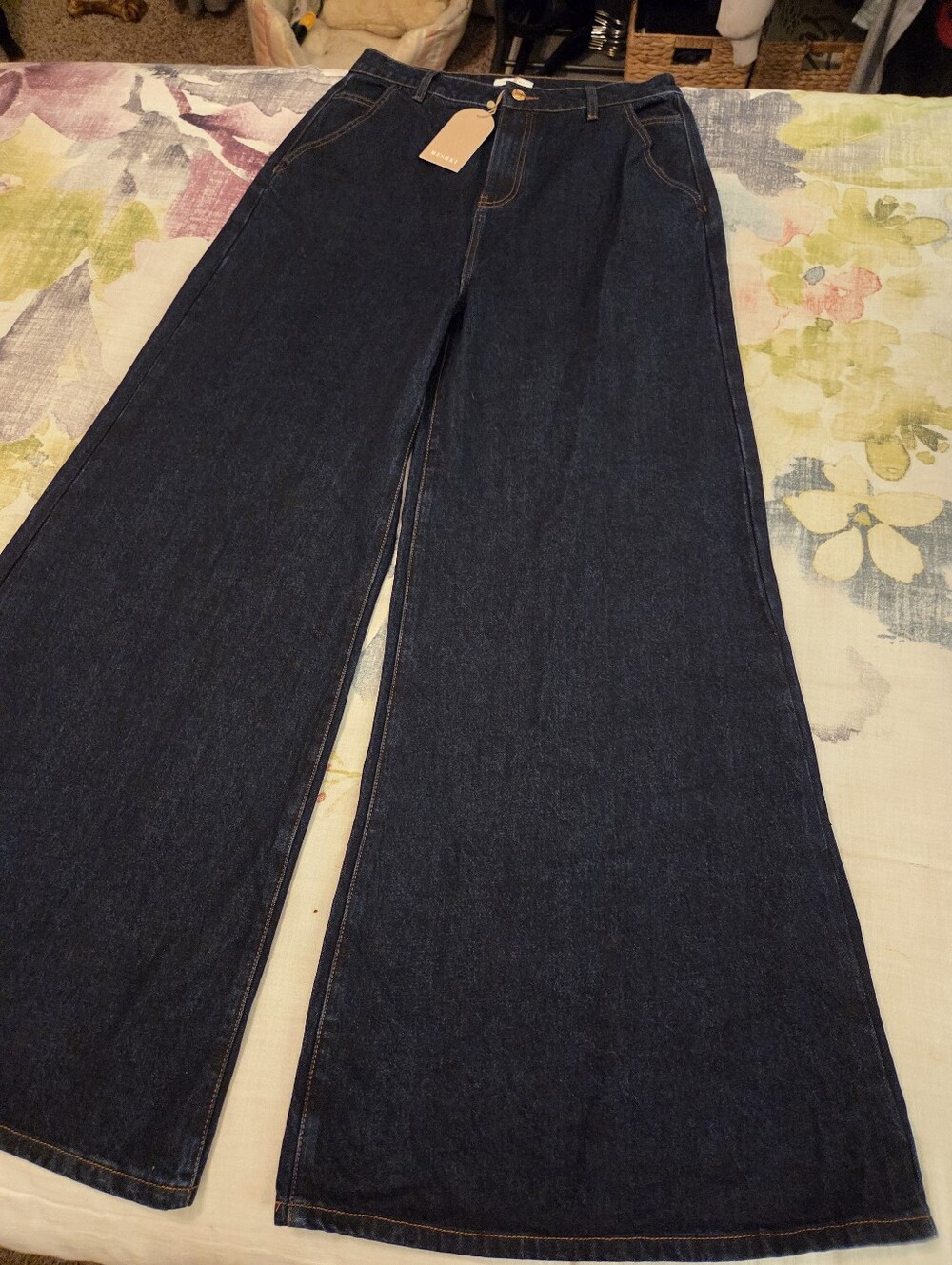 MESHKI Jen‎ Indigo Blue Wide Leg Flare Denim Jeans Women's SZ 14 Ultra Wide NWT - Picture 6 of 16